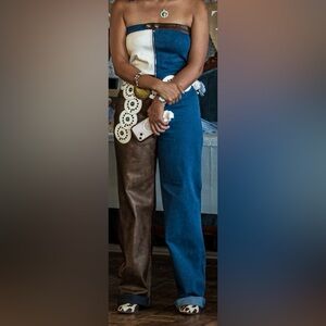 Fashion Nova Brown Leather jumpsuit with white and jean color blocks.